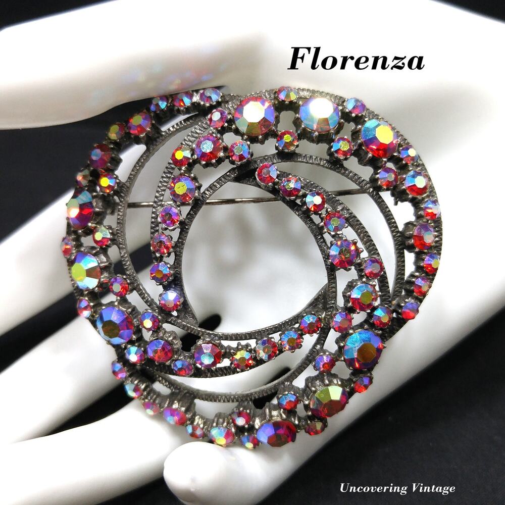 Florenza Red Aurora Borealis Brooch, Antique Silver Tone, Designer 1960s Vintage